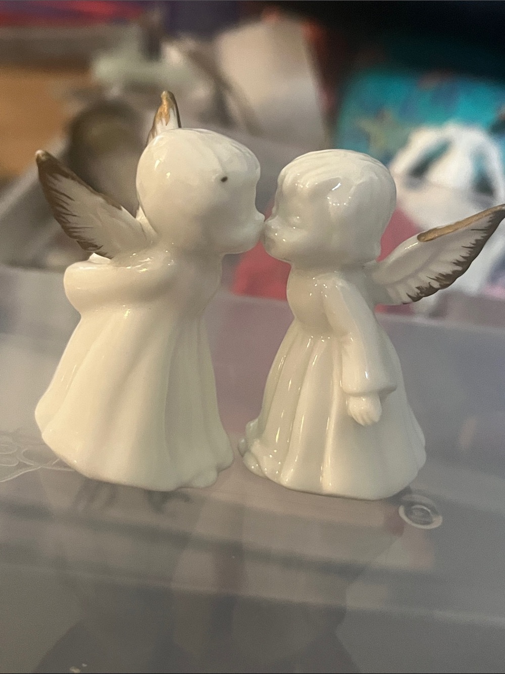 White Porcelain Angel Figurines “Kissing” Pair with Gold-Accent Wings